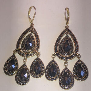 Gold Tone Gunmetal Gray Rhinestones Boho Dangling Chandelier Pierced Earrings